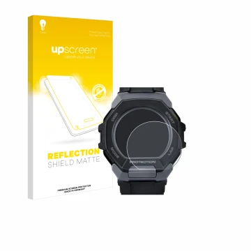 Face avant d’un emballage produit avec le logo de la marque upscreen. À côté, l’appareil Casio G-Shock G-Squad GBD-300 est rep