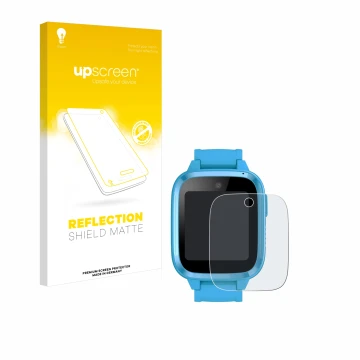 Face avant d’un emballage produit avec le logo de la marque upscreen. À côté, l’appareil Xplora Kidzi Watch est représenté ave
