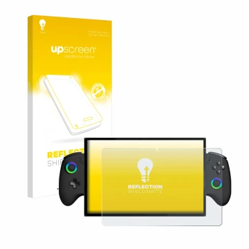 Face avant d’un emballage produit avec le logo de la marque upscreen. À côté, l’appareil OneXPlayer X1 est représenté avec la 