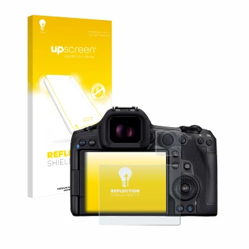 Face avant d’un emballage produit avec le logo de la marque upscreen. À côté, l’appareil Canon EOS R5 Mark II est représenté a