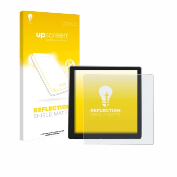 Face avant d’un emballage produit avec le logo de la marque upscreen. À côté, l’appareil Shelly Wall Display est représenté av