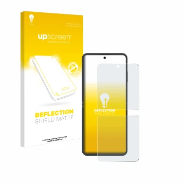 Face avant d’un emballage produit avec le logo de la marque upscreen. À côté, l’appareil Nubia Flip 5G est représenté avec la 