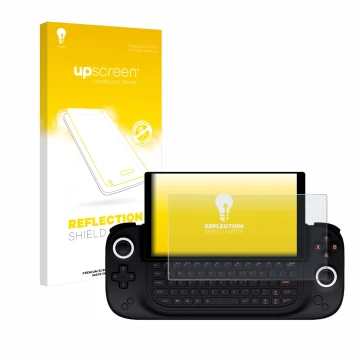 Face avant d’un emballage produit avec le logo de la marque upscreen. À côté, l’appareil Ayaneo Slide est représenté avec la p