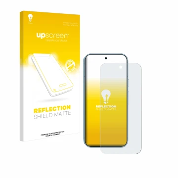 Face avant d’un emballage produit avec le logo de la marque upscreen. À côté, l’appareil Google Pixel 9 Pro est représenté ave