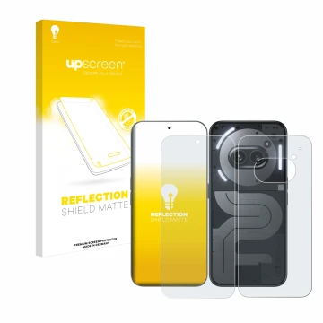 Face avant d’un emballage produit avec le logo de la marque upscreen. À côté, l’appareil Nothing Phone (2a) Plus (Avant+Arrièr