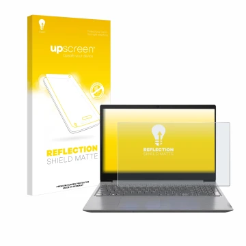 Face avant d’un emballage produit avec le logo de la marque upscreen. À côté, l’appareil Lenovo 15.6