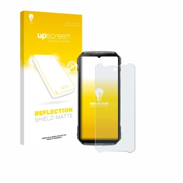 Face avant d’un emballage produit avec le logo de la marque upscreen. À côté, l’appareil Doogee V40 Pro est représenté avec la