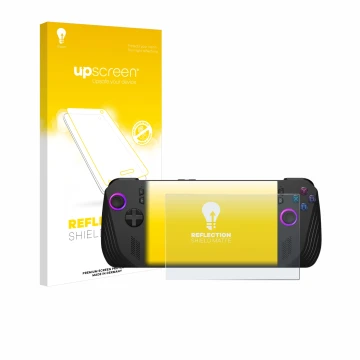 Face avant d’un emballage produit avec le logo de la marque upscreen. À côté, l’appareil ASUS ROG Ally X (2024) est représenté