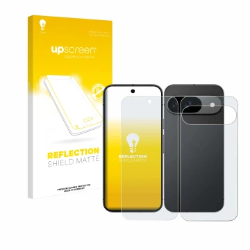 Face avant d’un emballage produit avec le logo de la marque upscreen. À côté, l’appareil Google Pixel 9 (Avant+Arrière) est re