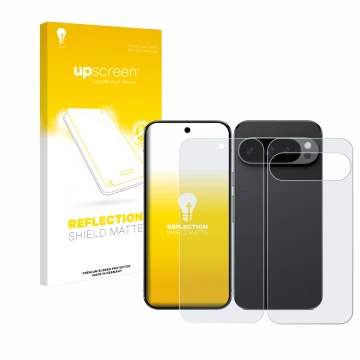 Face avant d’un emballage produit avec le logo de la marque upscreen. À côté, l’appareil Google Pixel 9 Pro (Avant+Arrière) es