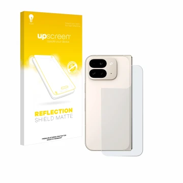 Face avant d’un emballage produit avec le logo de la marque upscreen. À côté, l’appareil Google Pixel 9 Pro Fold (Arrière) est