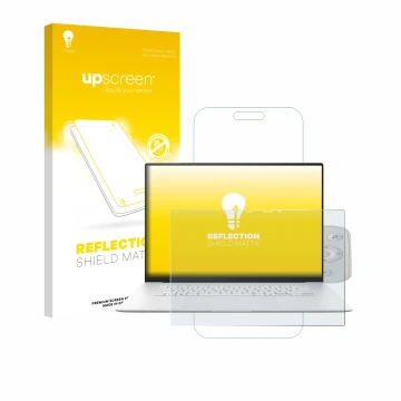 Face avant d’un emballage produit avec le logo de la marque upscreen. À côté, l’appareil ASUS ZenBook S 16 est représenté avec