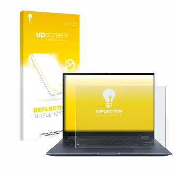 Face avant d’un emballage produit avec le logo de la marque upscreen. À côté, l’appareil ASUS Vivobook S 14 Flip TN3402 est re
