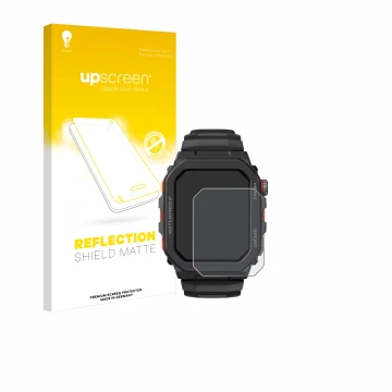 Face avant d’un emballage produit avec le logo de la marque upscreen. À côté, l’appareil Zeblaze Ares GPS est représenté avec 