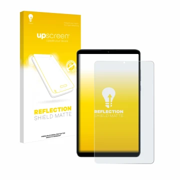 Face avant d’un emballage produit avec le logo de la marque upscreen. À côté, l’appareil Xiaomi Redmi Pad SE 8.7 4G est représ