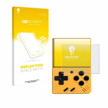 Face avant d’un emballage produit avec le logo de la marque upscreen. À côté, l’appareil Miyoo Mini V4 est représenté avec la 