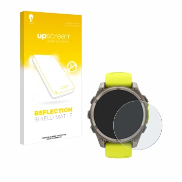 Face avant d’un emballage produit avec le logo de la marque upscreen. À côté, l’appareil Garmin Fenix 8 Solar (47 mm) est repr