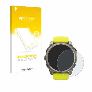 Face avant d’un emballage produit avec le logo de la marque upscreen. À côté, l’appareil Garmin Fenix 8 Solar (51 mm) est repr
