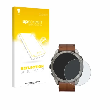 Face avant d’un emballage produit avec le logo de la marque upscreen. À côté, l’appareil Garmin Fenix 8 AMOLED (51 mm) est rep