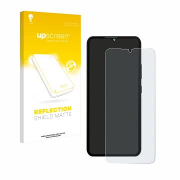 Face avant d’un emballage produit avec le logo de la marque upscreen. À côté, l’appareil Cubot A10 est représenté avec la prot