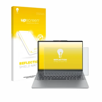 Face avant d’un emballage produit avec le logo de la marque upscreen. À côté, l’appareil Lenovo IdeaPad Pro 5 14AHP9 est repré