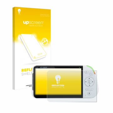 Face avant d’un emballage produit avec le logo de la marque upscreen. À côté, l’appareil Babysense MaxView-2CAM 5,5