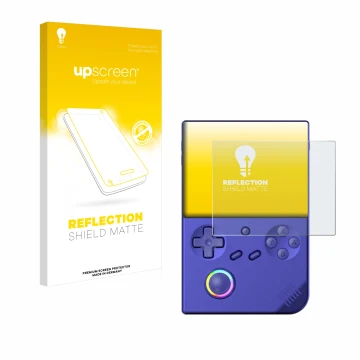Face avant d’un emballage produit avec le logo de la marque upscreen. À côté, l’appareil Anbernic RG40XXV est représenté avec 