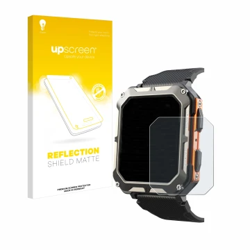 Face avant d’un emballage produit avec le logo de la marque upscreen. À côté, l’appareil Findtime Smartwatch 1.83