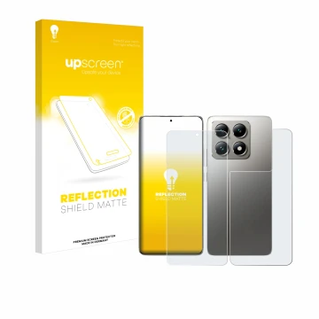 Face avant d’un emballage produit avec le logo de la marque upscreen. À côté, l’appareil Xiaomi 14T Pro (Avant+Arrière) est re