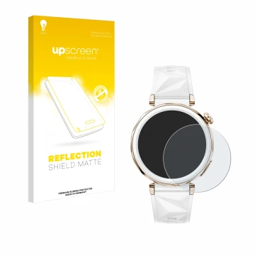 Face avant d’un emballage produit avec le logo de la marque upscreen. À côté, l’appareil Huawei Watch GT 5 Pro (42 mm) est rep