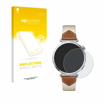 Face avant d’un emballage produit avec le logo de la marque upscreen. À côté, l’appareil Huawei Watch GT 5 (41 mm) est représe
