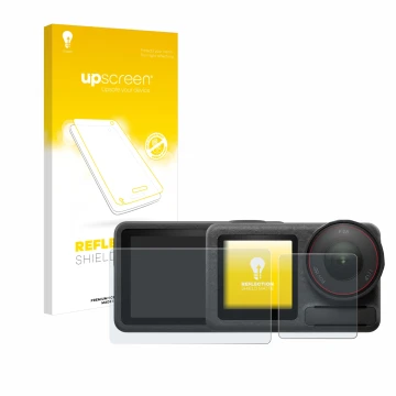 Face avant d’un emballage produit avec le logo de la marque upscreen. À côté, l’appareil DJI Osmo Action 5 Pro est représenté 