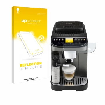 Face avant d’un emballage produit avec le logo de la marque upscreen. À côté, l’appareil DeLonghi Magnifica Evo Next est repré