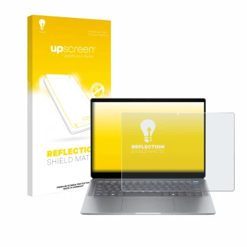 Face avant d’un emballage produit avec le logo de la marque upscreen. À côté, l’appareil HP OmniBook Ultra Laptop 14-fd est re