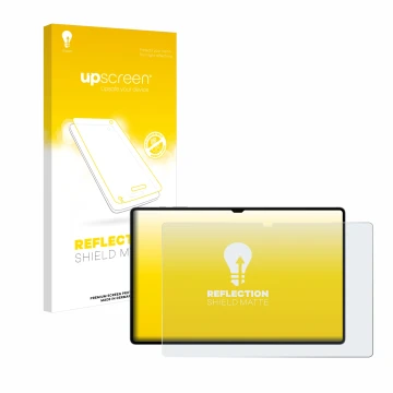 Face avant d’un emballage produit avec le logo de la marque upscreen. À côté, l’appareil Samsung Galaxy Tab S10 Ultra 5G est r