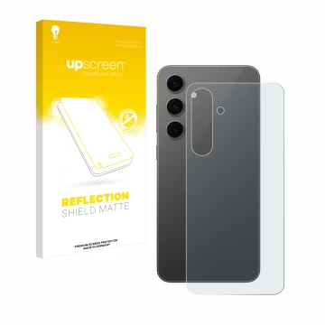 Face avant d’un emballage produit avec le logo de la marque upscreen. À côté, l’appareil Samsung Galaxy S24 FE (Arrière) est r