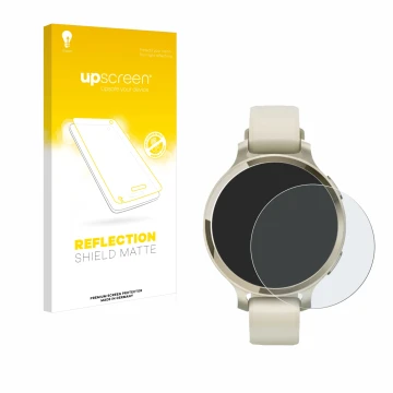 Face avant d’un emballage produit avec le logo de la marque upscreen. À côté, l’appareil Garmin Lily 2 Active est représenté a