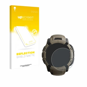 Face avant d’un emballage produit avec le logo de la marque upscreen. À côté, l’appareil Garmin Instinct 2X Solar Tactical Edi