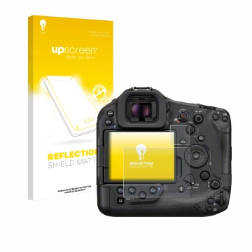 Face avant d’un emballage produit avec le logo de la marque upscreen. À côté, l’appareil Canon EOS R1 est représenté avec la p