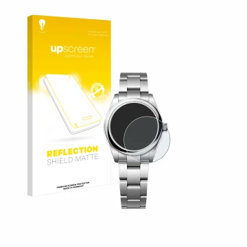 Face avant d’un emballage produit avec le logo de la marque upscreen. À côté, l’appareil Rolex Oyster Perpetual 31 est représe