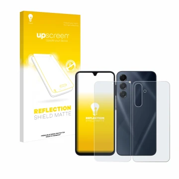 Face avant d’un emballage produit avec le logo de la marque upscreen. À côté, l’appareil Samsung Galaxy A16 5G (Avant+Arrière)
