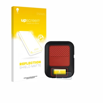 Face avant d’un emballage produit avec le logo de la marque upscreen. À côté, l’appareil Garmin inReach Messenger Plus est rep