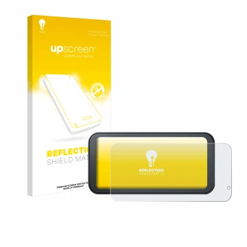 Face avant d’un emballage produit avec le logo de la marque upscreen. À côté, l’appareil Lamto Motorrad Carplay 6.25