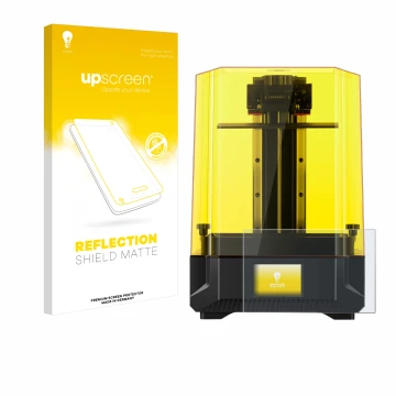 Face avant d’un emballage produit avec le logo de la marque upscreen. À côté, l’appareil Anycubic Photon Mono X2 9,1