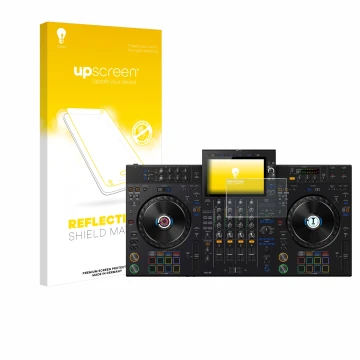 Face avant d’un emballage produit avec le logo de la marque upscreen. À côté, l’appareil AlphaTheta XDJ-AZ est représenté avec