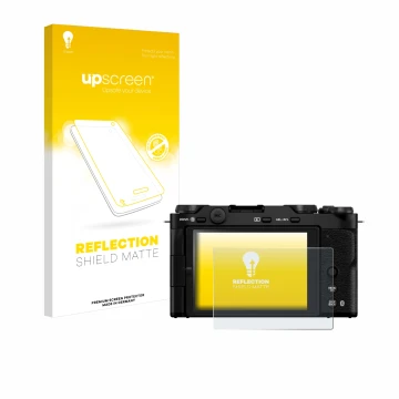 Face avant d’un emballage produit avec le logo de la marque upscreen. À côté, l’appareil Fujifilm X-M5 est représenté avec la 