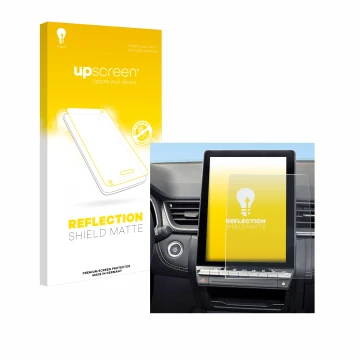 Face avant d’un emballage produit avec le logo de la marque upscreen. À côté, l’appareil Renault Symbioz 2024 est représenté a