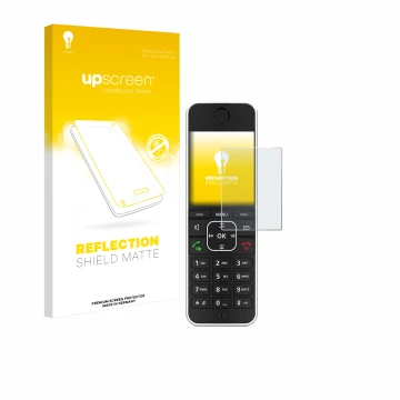 Face avant d’un emballage produit avec le logo de la marque upscreen. À côté, l’appareil AVM Fritz!Fon C6 Black est représenté