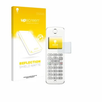 Face avant d’un emballage produit avec le logo de la marque upscreen. À côté, l’appareil AVM Fritz!Fon M2 est représenté avec 