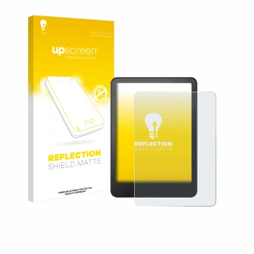 Face avant d’un emballage produit avec le logo de la marque upscreen. À côté, l’appareil Amazon Kindle Colorsoft Signature Edi
